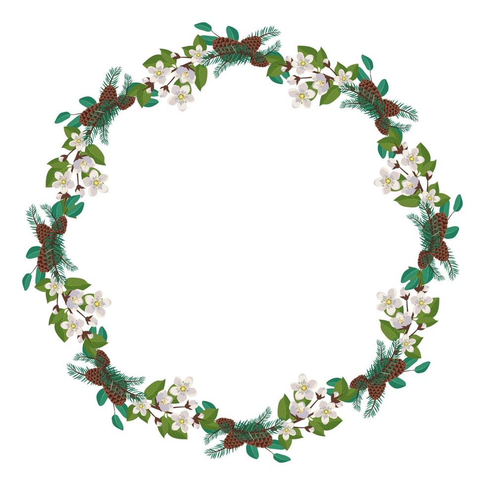 Wreath of cherry or apple white flowers with spruce needles and cones. Spring flowering composition or frame with leaves. Festive decoration for wedding, holiday and postcard. Vector flat illustration