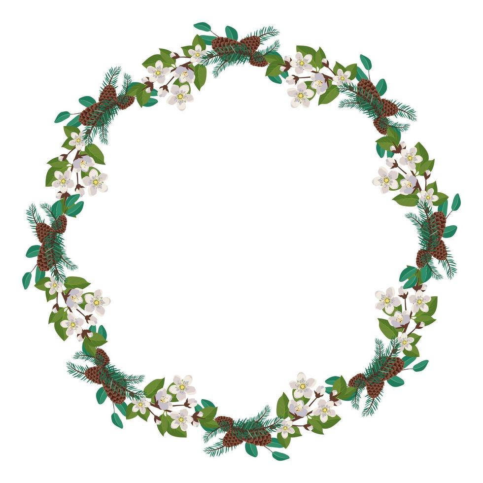 Wreath of cherry or apple white flowers with spruce needles and cones. Spring flowering composition or frame with leaves. Festive decoration for wedding, holiday and postcard. Vector flat illustration