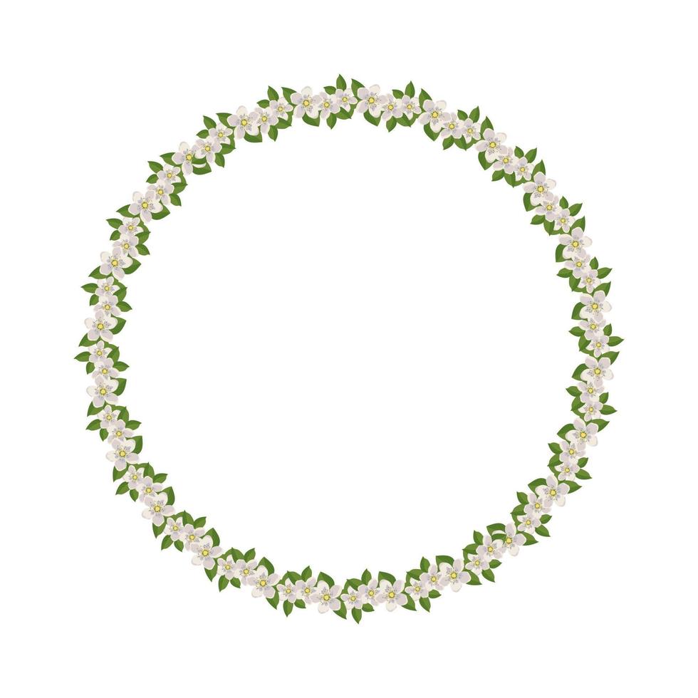 Round wreath of cherry or apple tree. Frame with white flowers. Spring blooming composition with buds and leaves. Festive decoration for wedding, holiday, postcard and design. Vector flat illustration