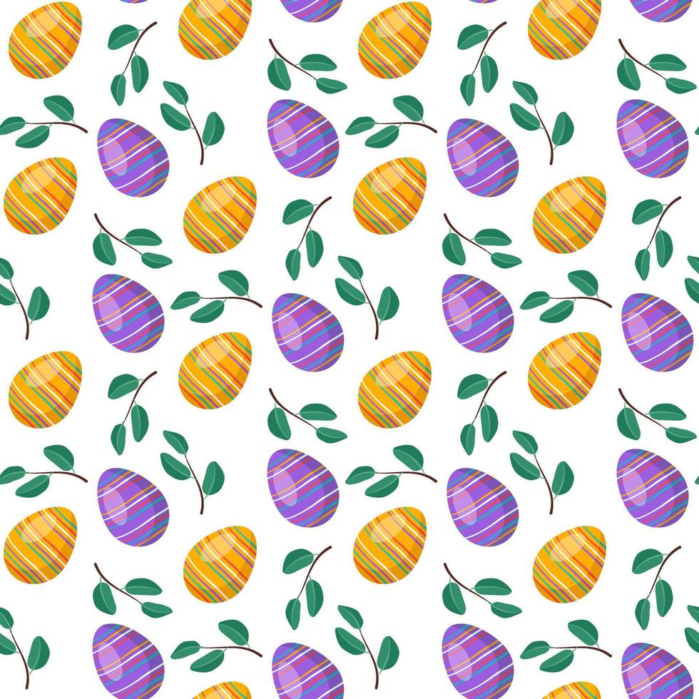 Happy Easter seamless pattern with bright eggs and leaves. Symbol of Christian Spring Holiday. Festive decoration with abstract elements and palm branch on white background. Vector flat illustration