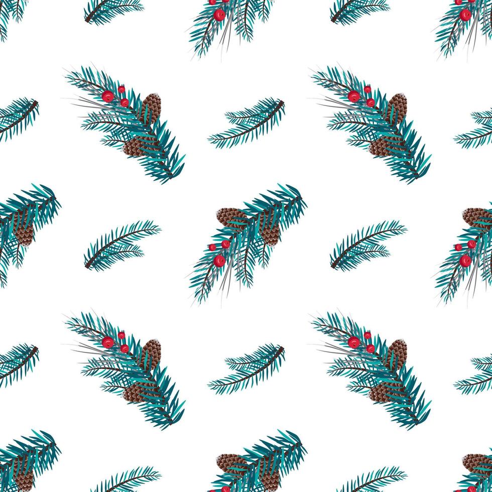Christmas frame from fir branches with blue needles, red berries and cones. Festive decoration for New Year and winter holidays. Vector flat illustration