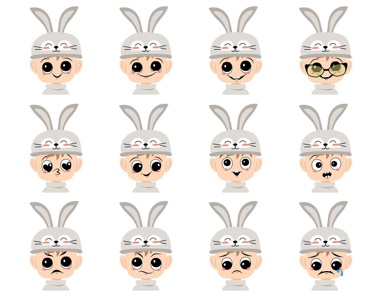 Avatar of boy with big eyes and wide happy smile in cute rabbit hat with long ears. Head of child with joyful face for holiday Easter, New Year or carnival costume for party. Vector flat illustration
