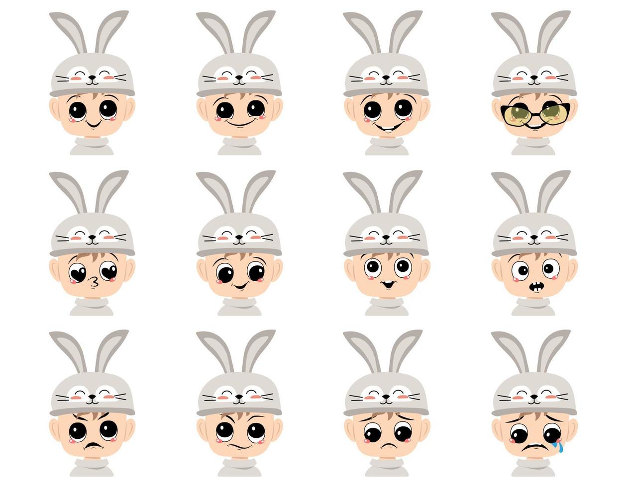 Avatar of boy with big eyes and wide happy smile in cute rabbit hat with long ears. Head of child with joyful face for holiday Easter, New Year or carnival costume for party. Vector flat illustration