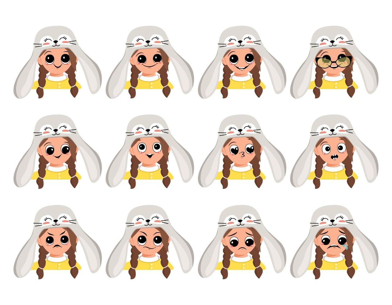 Set of girl avatar with big eyes and wide smile and different emotions in rabbit hat. Head of child with joyful face for holiday Easter, carnival costume for party. Vector flat illustration