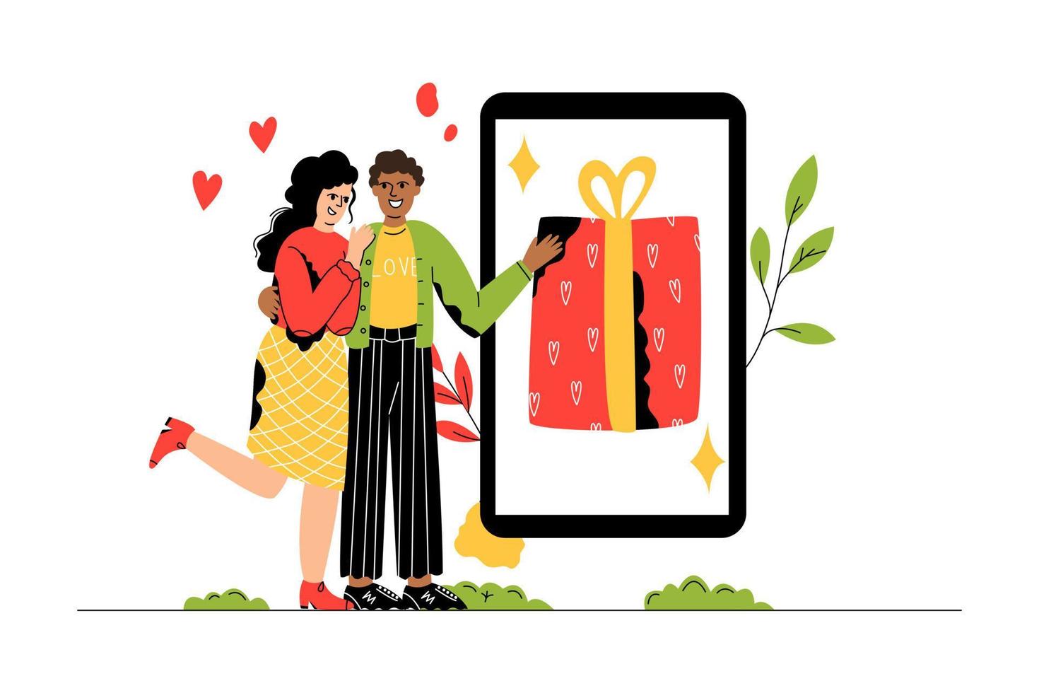 A man gives a gift. Gift on the phone screen, online vector