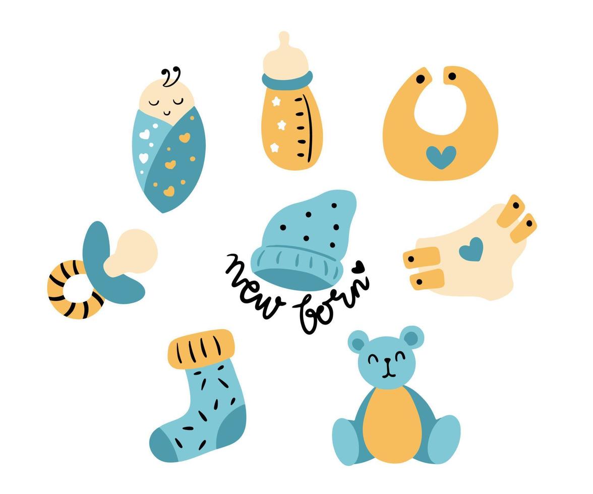 Baby born element shape. Percifier, wipe, milk, sock, baby hat. Premium isolated vector icon