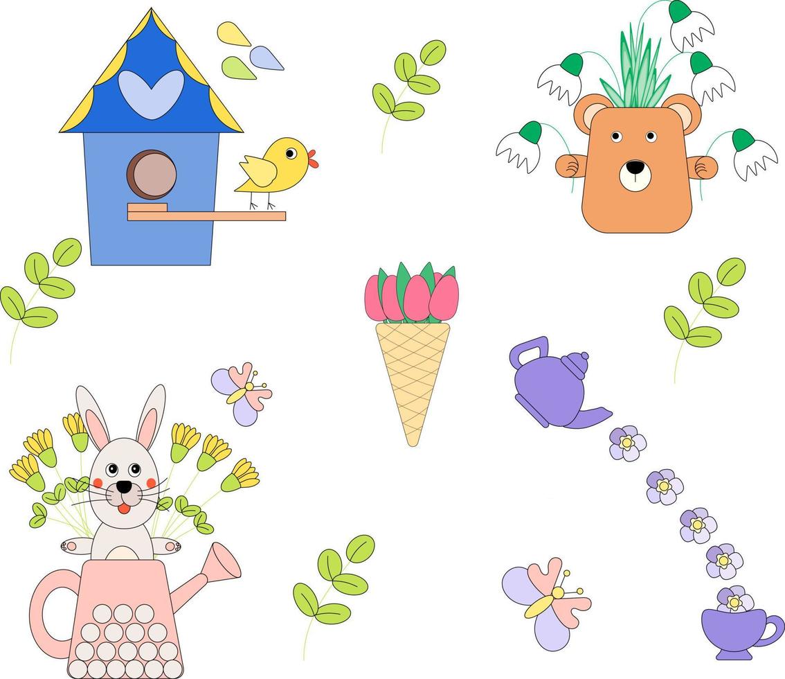 Spring set with cute animals and birds, butterflies, flowers, tableware elements, birdhouse and garden decorations - cute teddy bear with snowdrops. Vector illustrations, flat and cartoon.