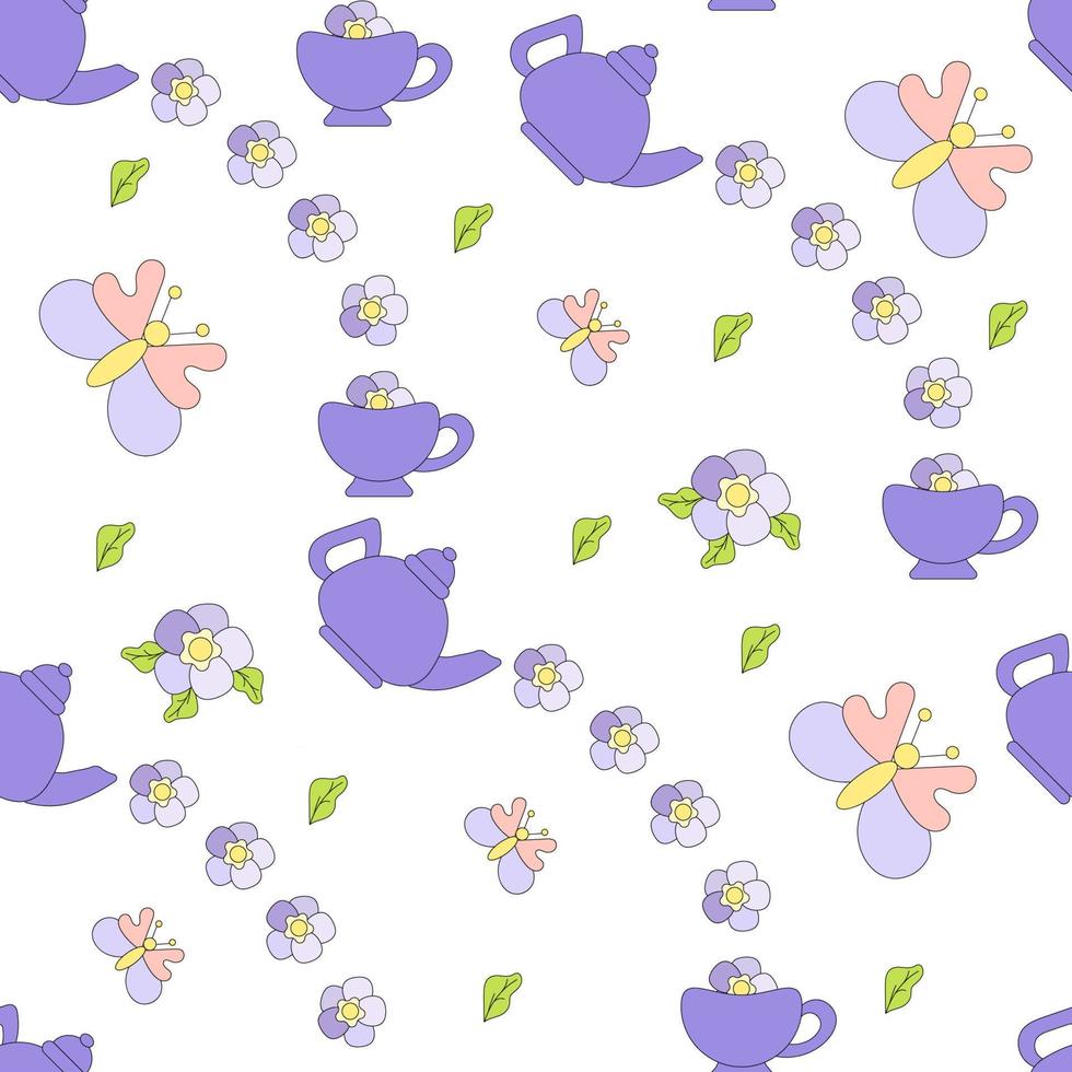 Seamless pattern with butterflies and flowers and a tea set on a white background. Vector illustration. Cute and spring print.