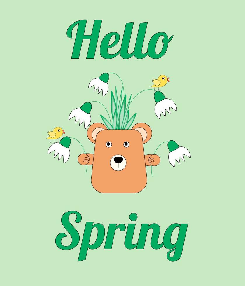 Cute spring card with snowdrops, birds and a vase in the form of a bear. Vector flat illustration.