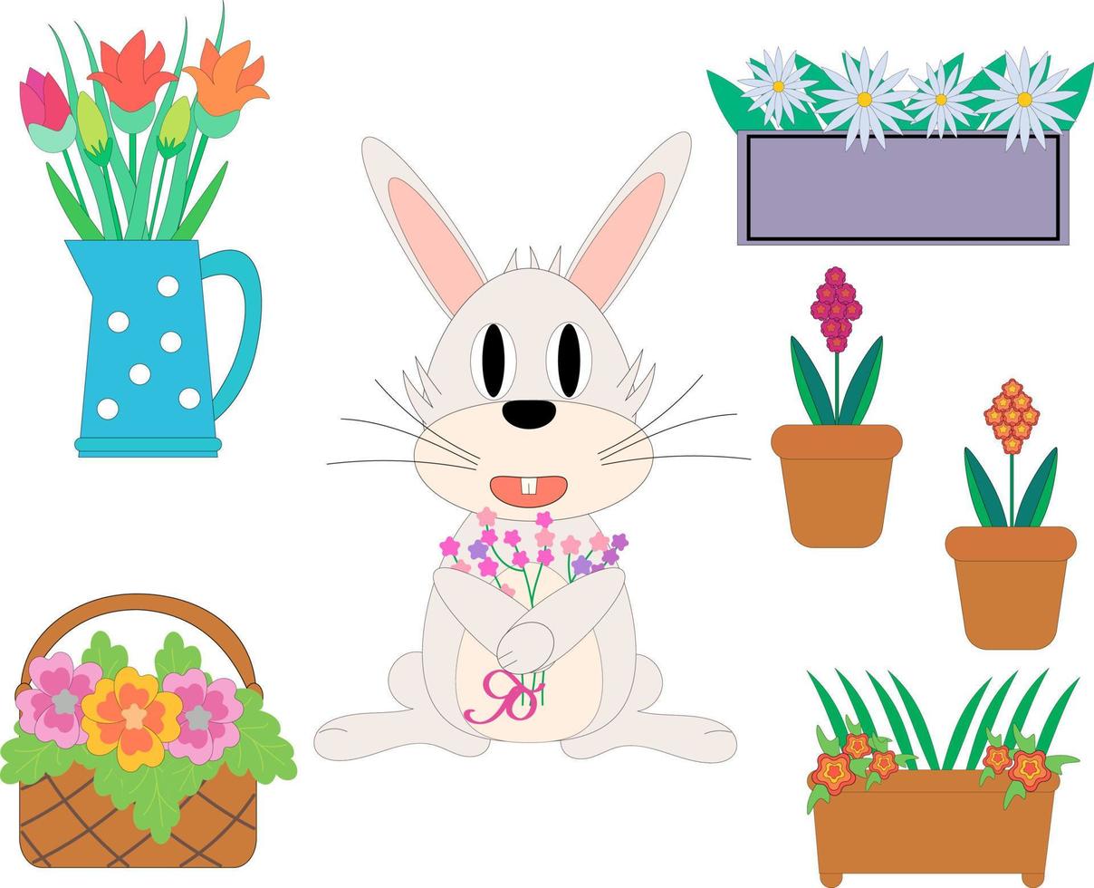 Vector illustration. Bunny rabbit with a bouquet of flowers. Garden flowers in a basket, pots, decorative boxes and a jug.