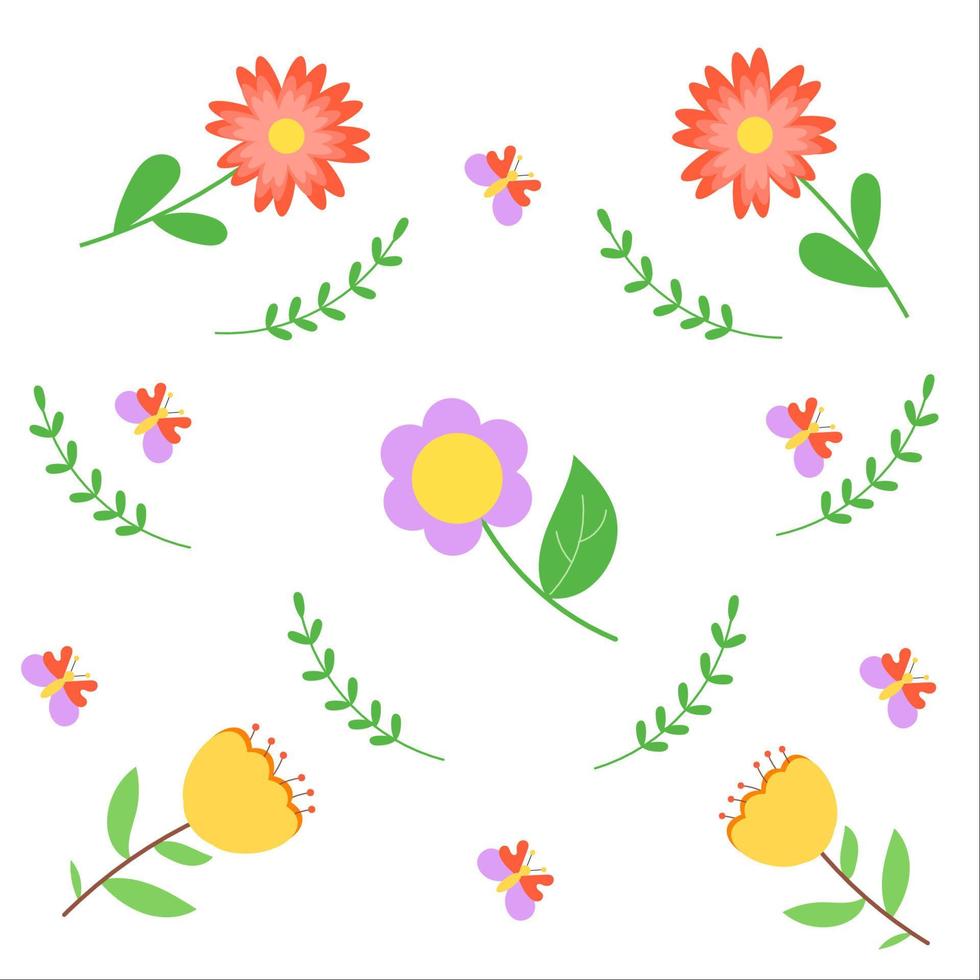 Pattern with spring flowers and butterflies on a white background. Seamless vector floral pattern.