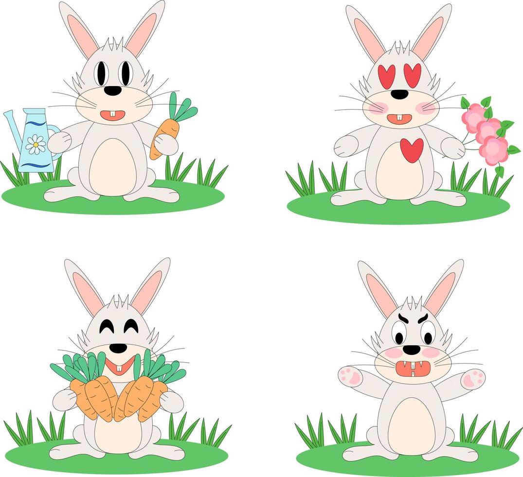 Rabbit character. Emotions. Rabbit gardener, loving, happy and angry. Vector flat illustration isolated on white background