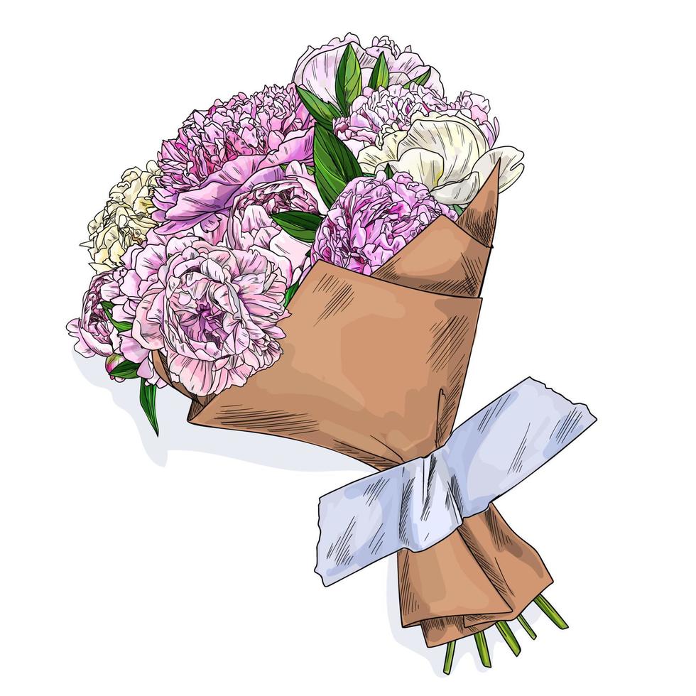 Lush peonies wrapped in craft paper, taped to the wall vector