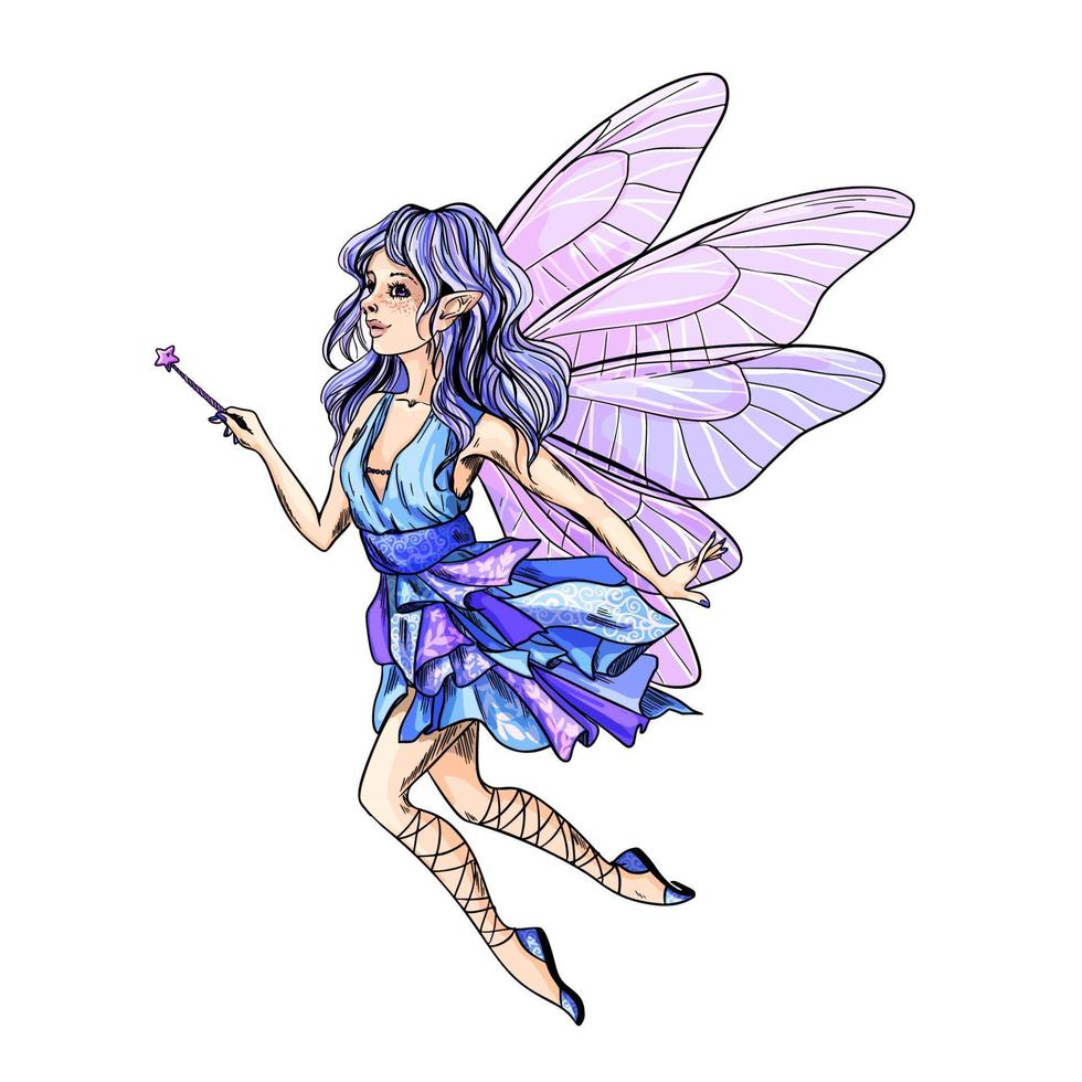 Cute blue hair fairy with pink wings and magic wand vector