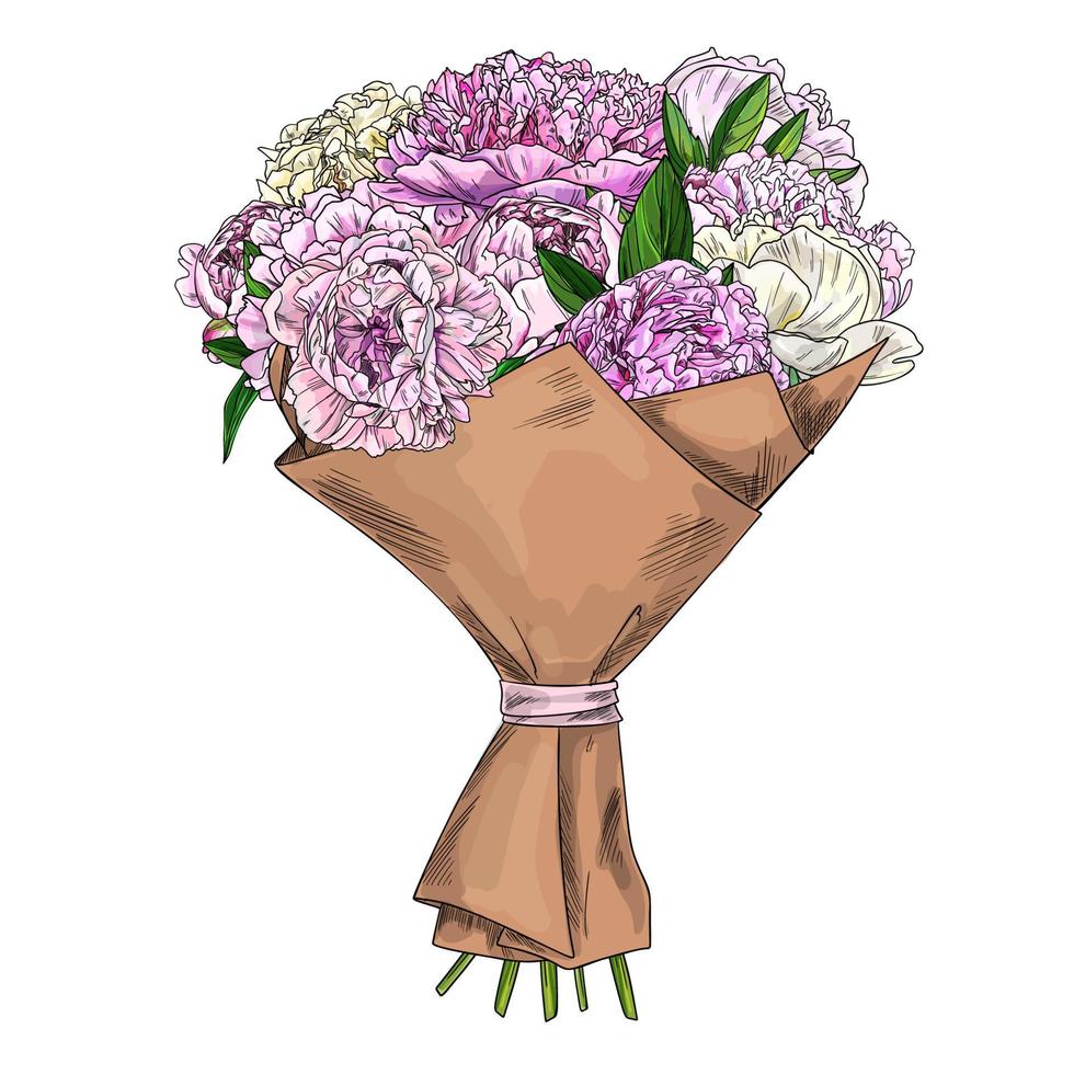 Pink peonies bouquet, wrapped in craft paper vector