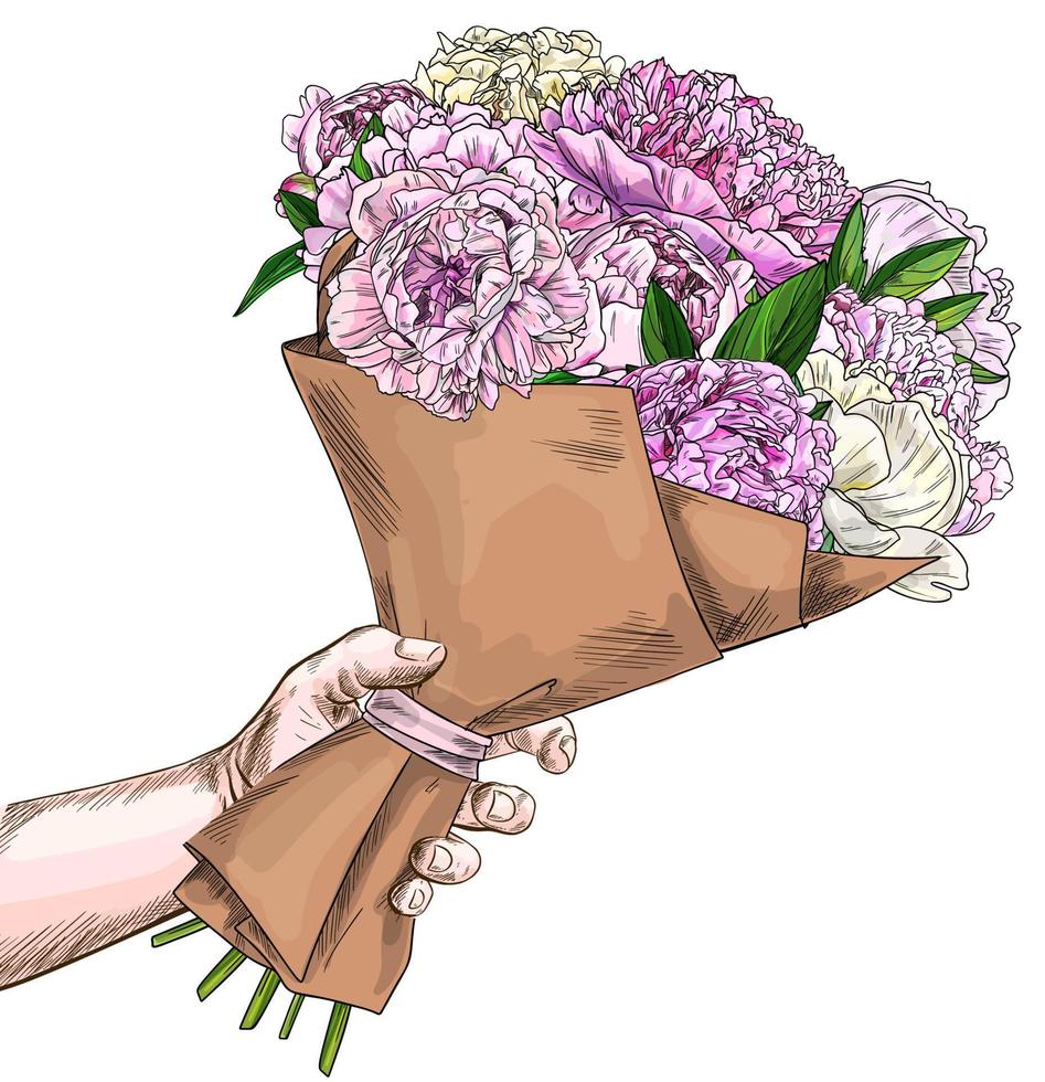 Hand holding lush peonies bouquet wrapped in craft paper vector
