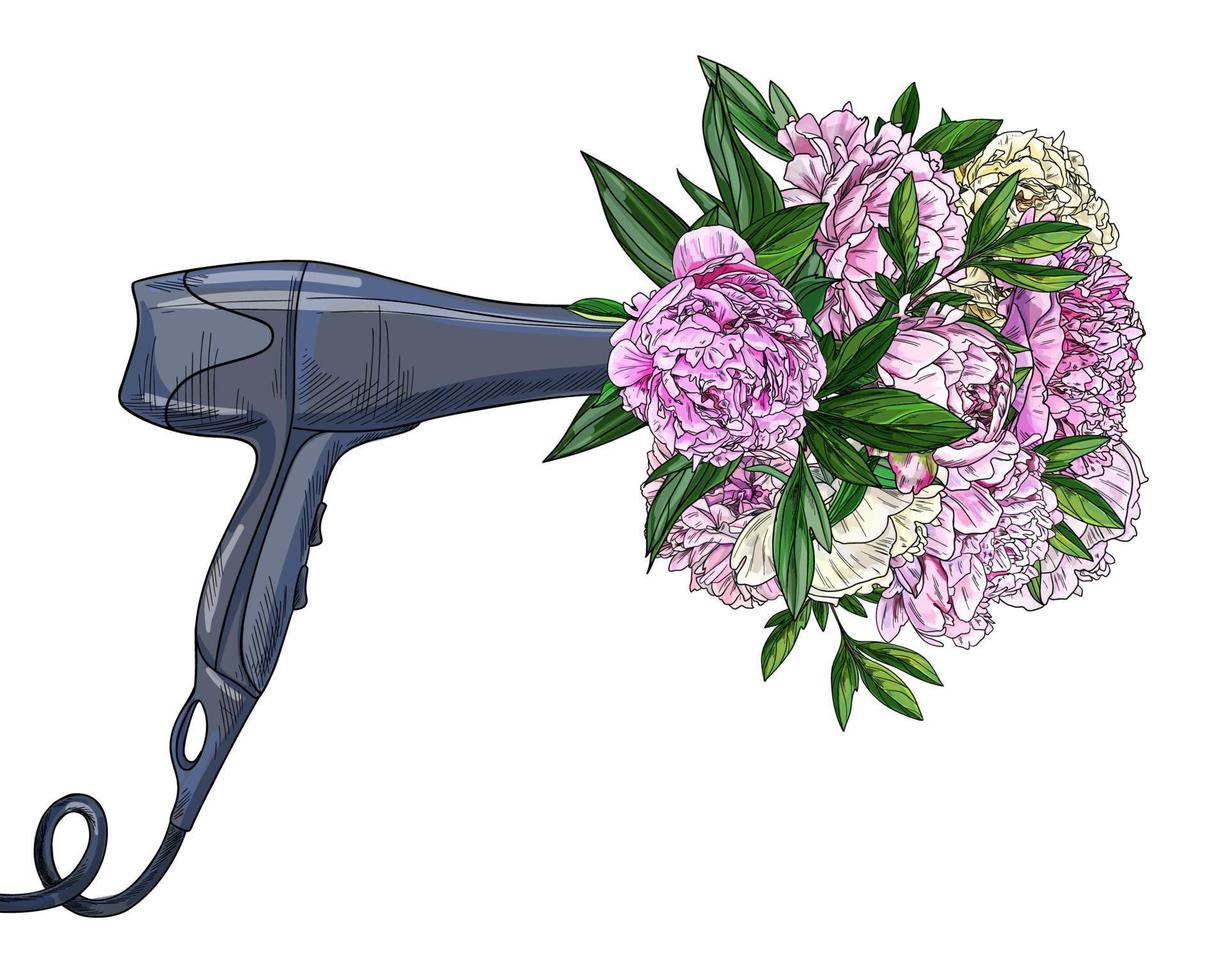 Bouquet of lush pink peonies sticked out of hairdryer vector