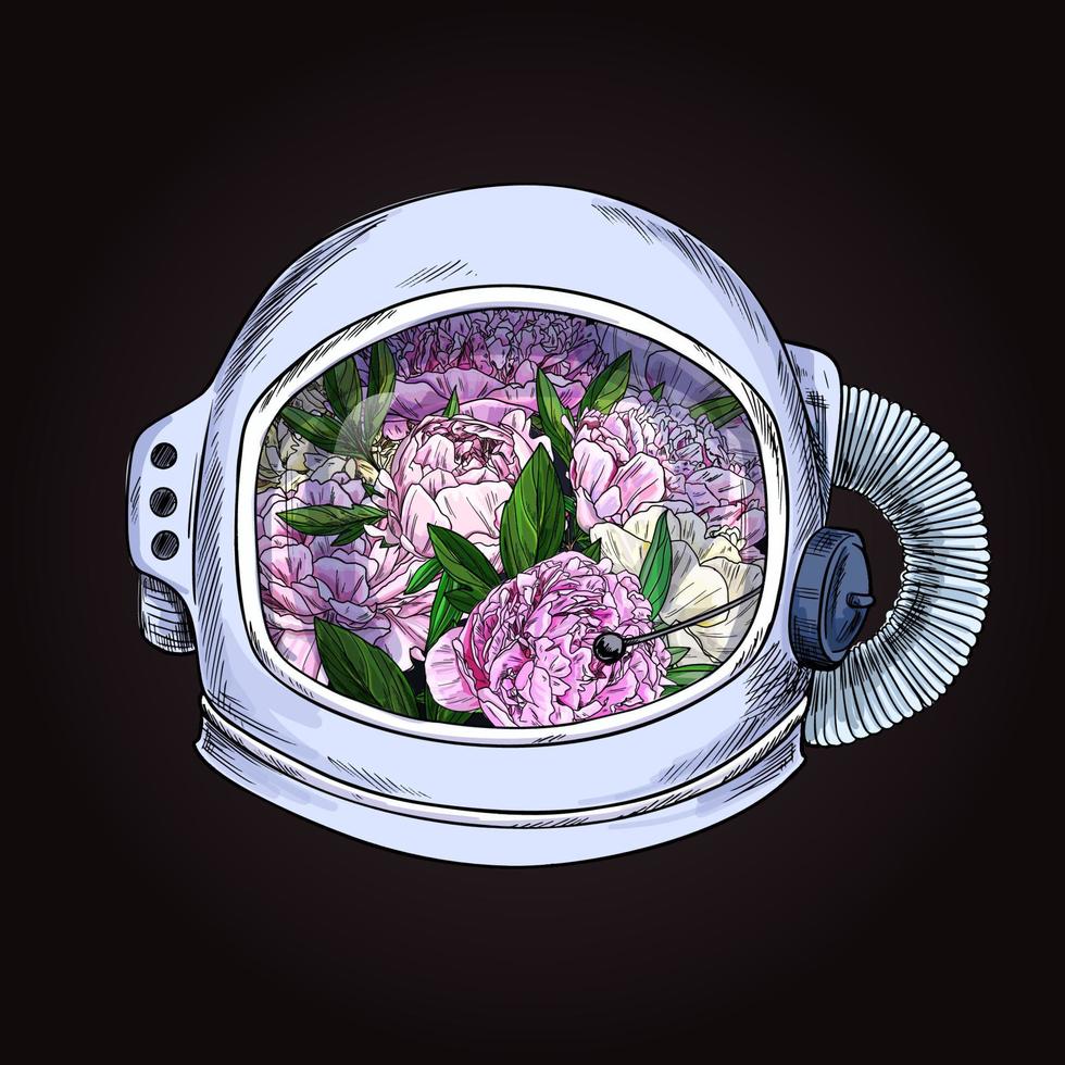 Bouquet of pink peonies in a space helmet on dark bg vector