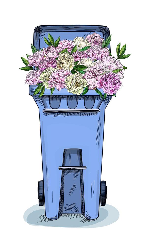 Garbage container full of lush pink peonies vector