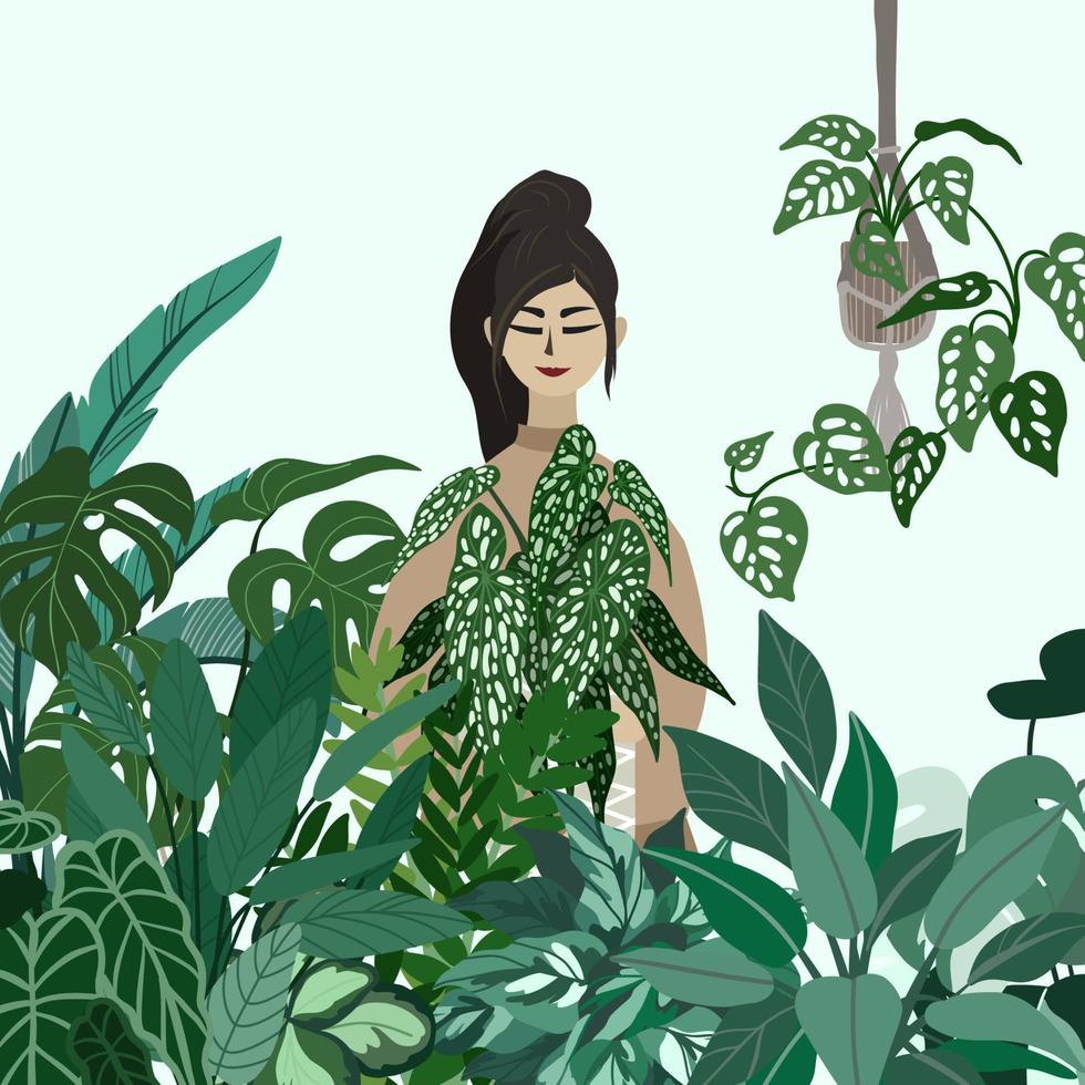 Young lady holding a pot with plant vector