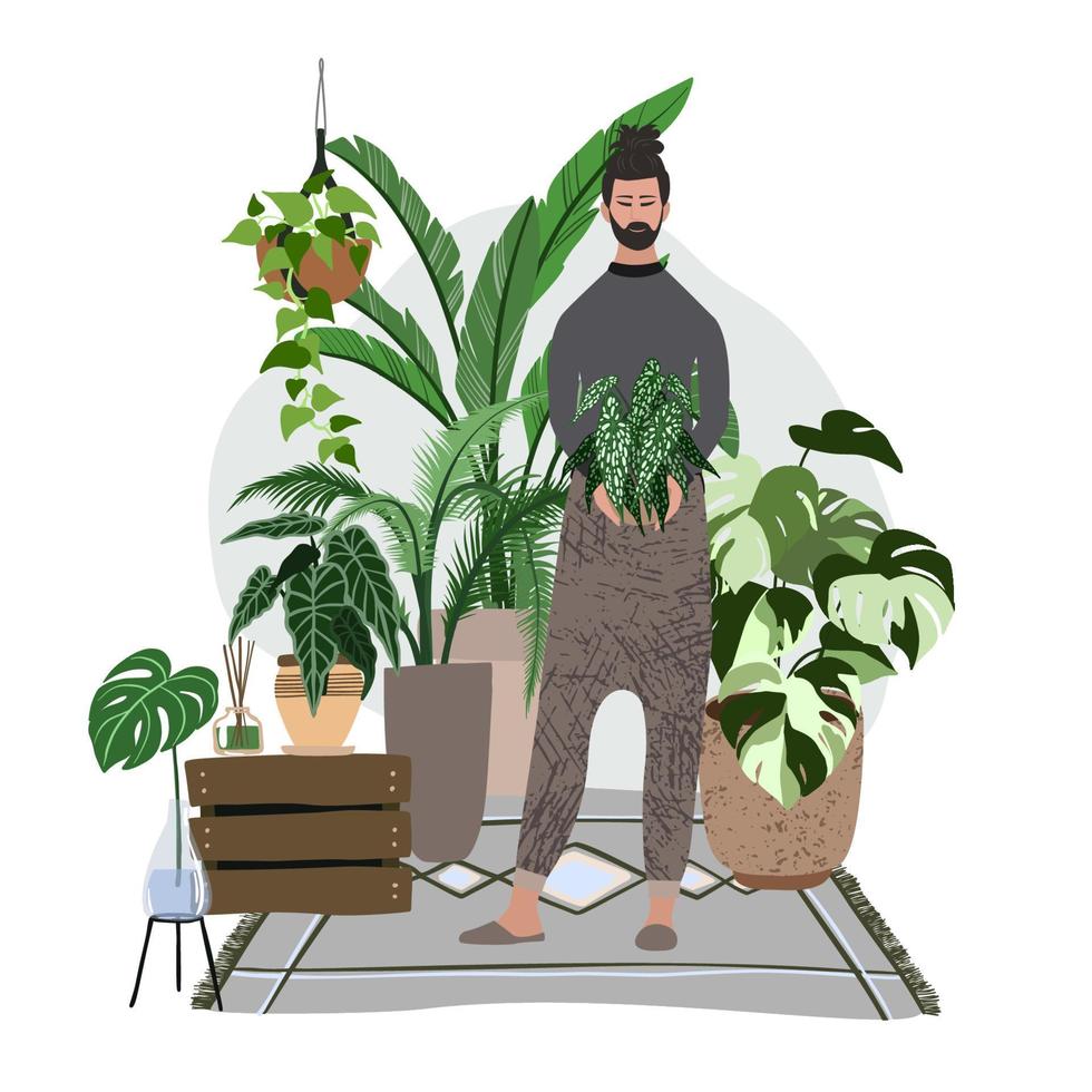 joven parado en la acogedora habitación con muchas plantas vector