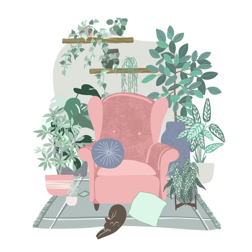 Cozy scandi room interior with a lot of plants in pots vector