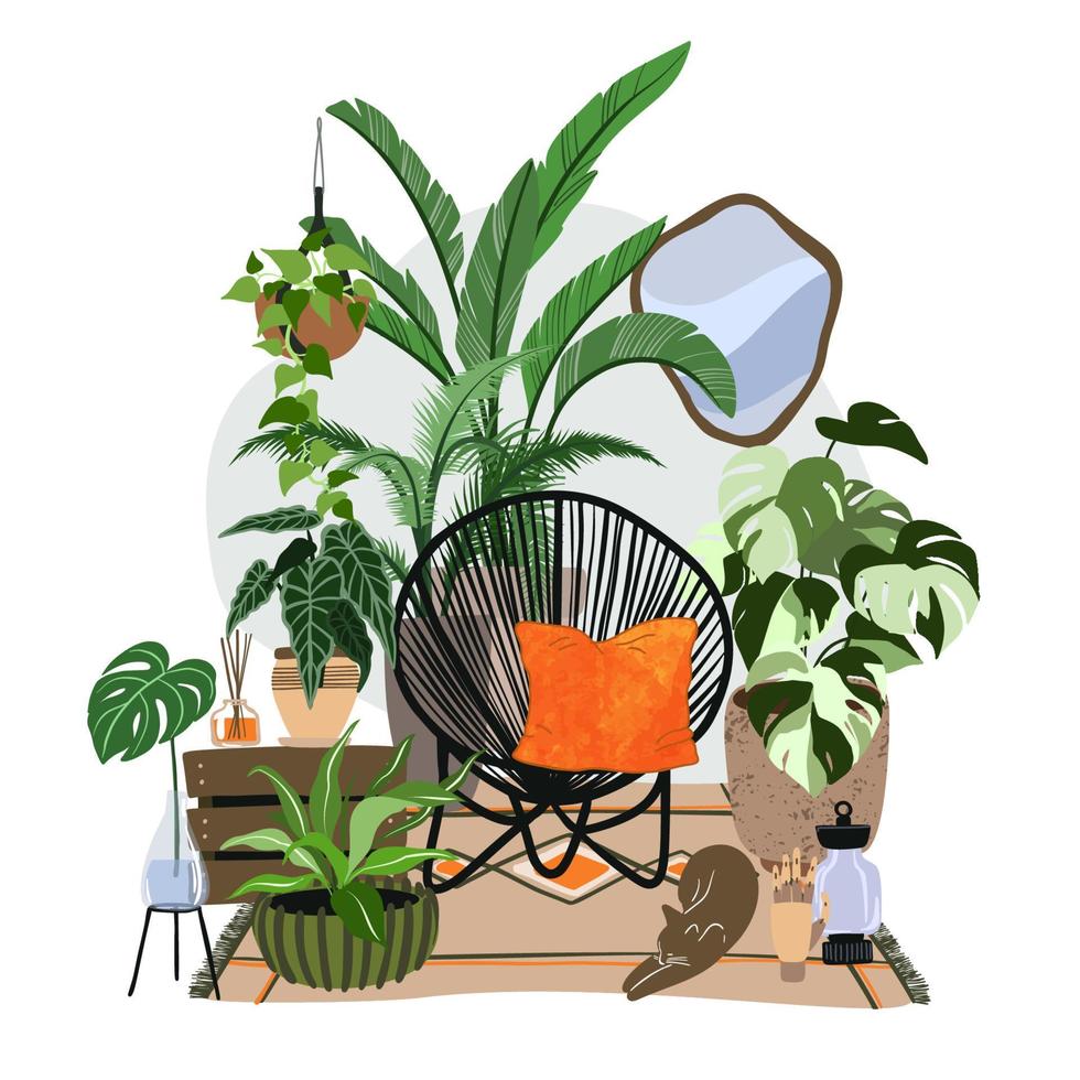 acogedor interior de habitación scandi con muchas plantas en macetas vector