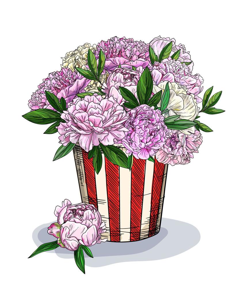 Lush bouquet of peonies in striped pop corn basket vector