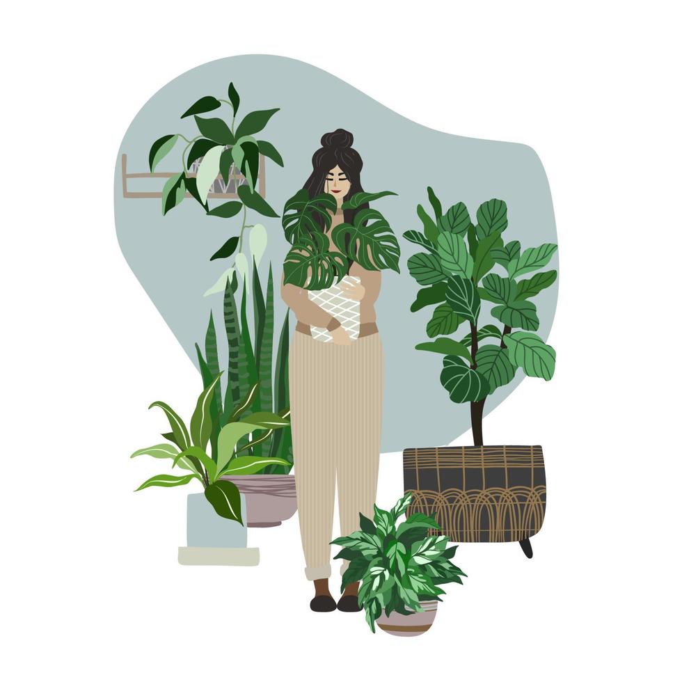 Young man standing in the cozy room with a lot of plants vector