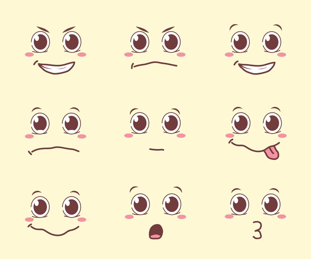 extraña colección de expresiones faciales de dibujos animados lindos y kawaii vector