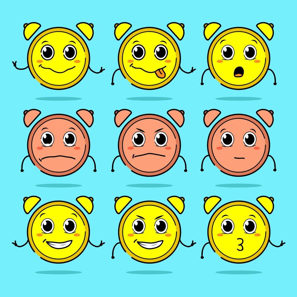 Weird cute and kawaii alarm clock cartoon face expressions collection vector