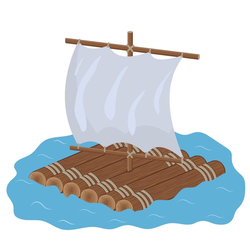 wooden raft with sail, color isolated vector illustration in cartoon style