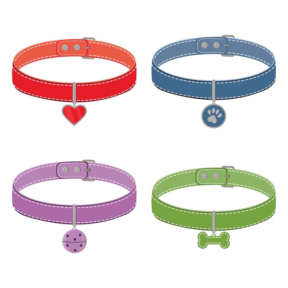 A set of colorful collars for cats and dogs with a pendant. Vector isolated cartoon-style illustration.
