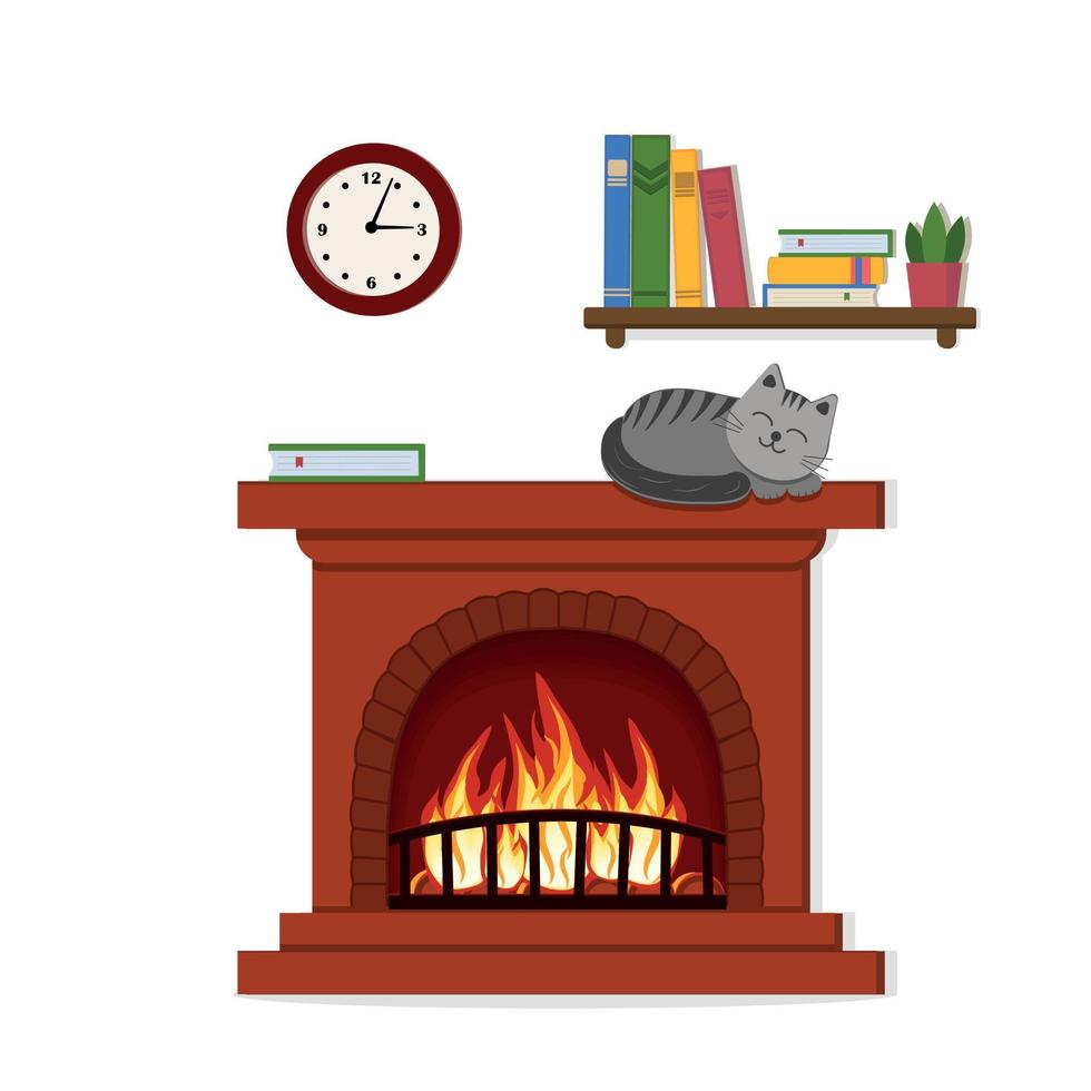 home interior fireplace with fire, color vector illustration flat