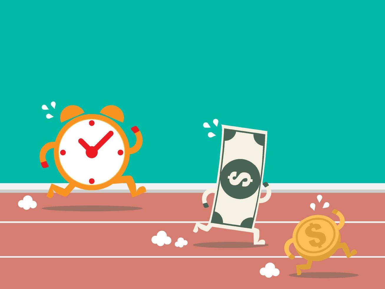 Money run against time. Time is money. Time is running out. Alarm clock race with cash. Clock running away from banknote and coin. business, financial, economics, deadline competition vector concept