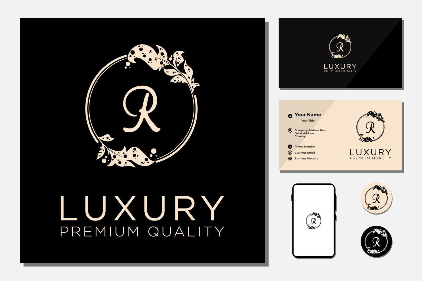 Golden elegant logo with frame and initial R vector