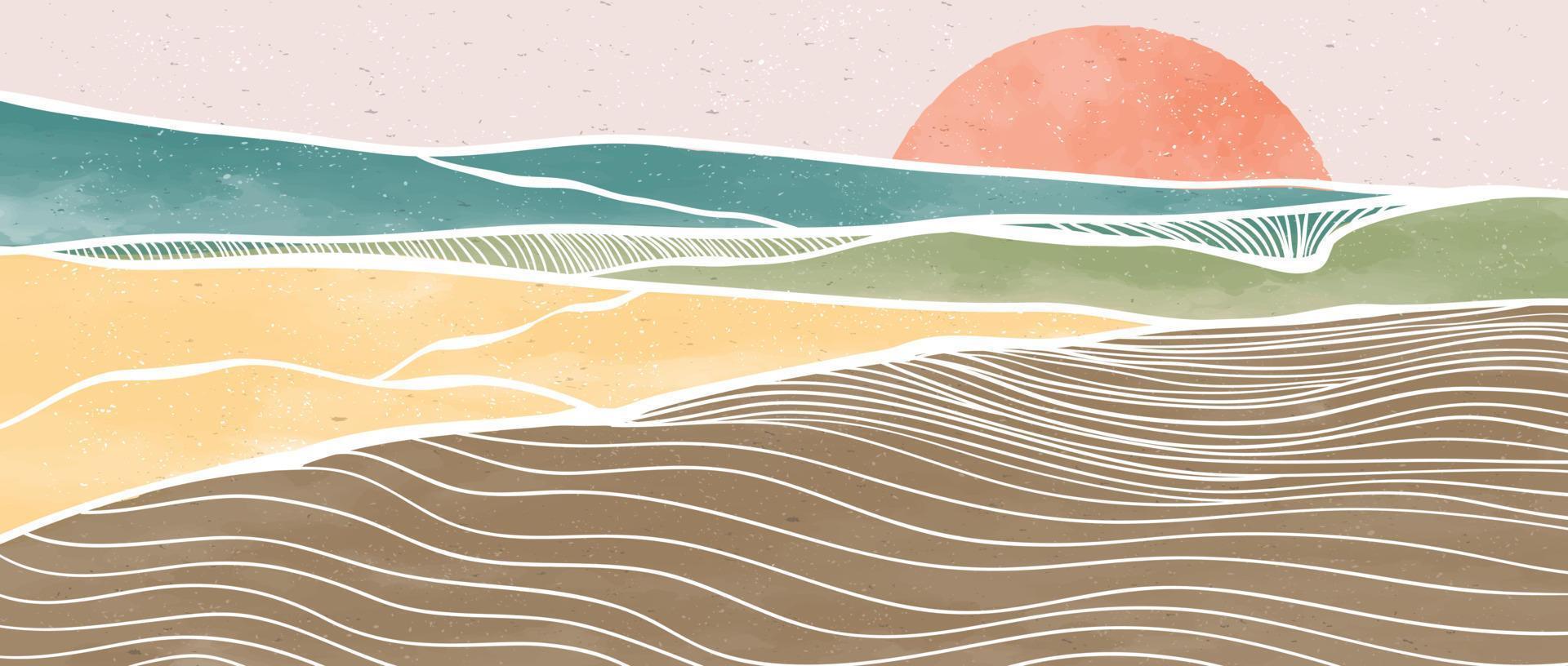 conjunto de impresión de arte de línea moderna minimalista creativa. paisajes abstractos de fondos estéticos contemporáneos de olas oceánicas. con mar, horizonte, ola. ilustraciones vectoriales vector