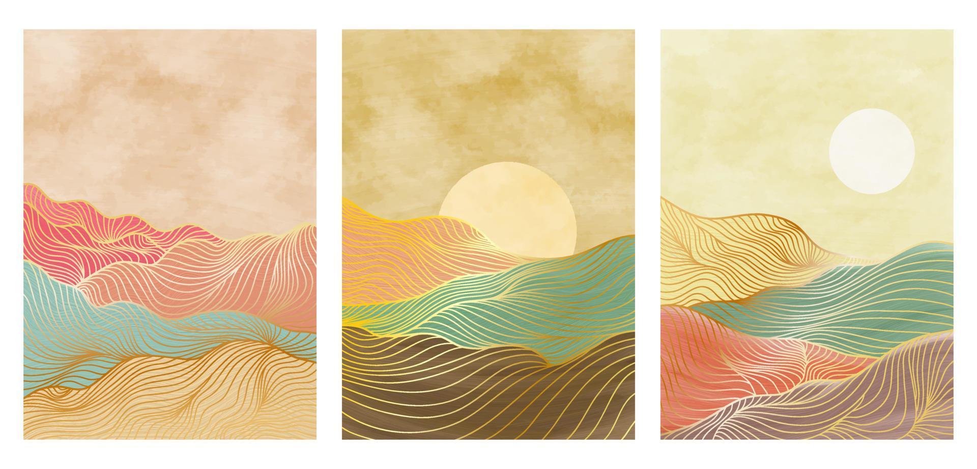 set of creative minimalist hand painted illustrations of Mid century modern. line art print. Abstract mountain contemporary aesthetic backgrounds landscapes. vector illustrations