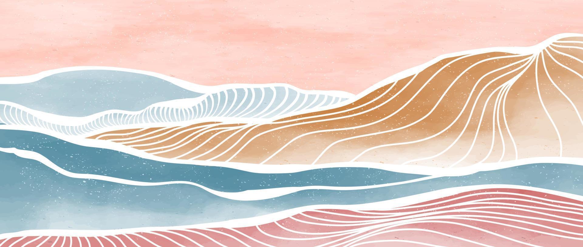 Creative minimalist modern paint and line art print. Abstract ocean wave and mountain contemporary aesthetic backgrounds landscapes. with sea, skyline, wave. vector illustrations