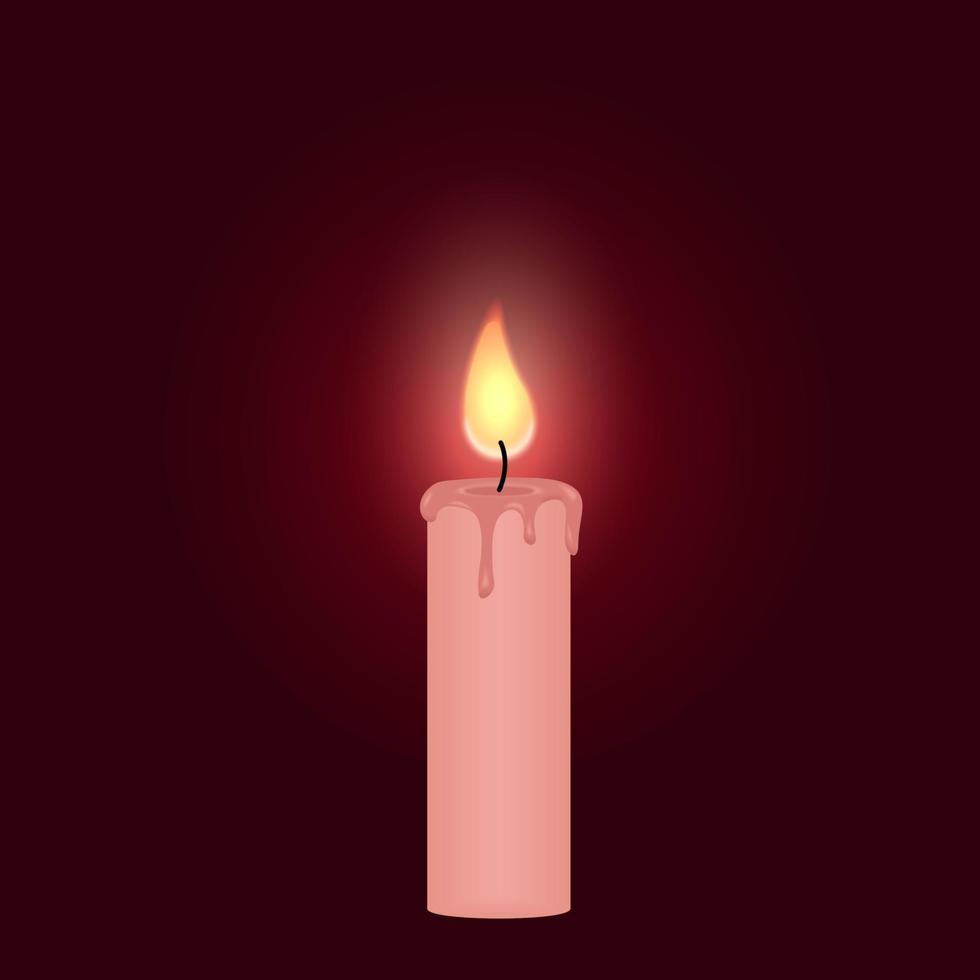 Realistic burning candle isolated on dark burgundy background. Realistic candle flame. Vector illustration.