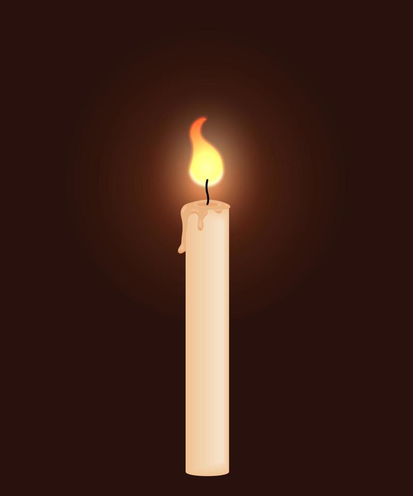Realistic burning candle isolated on dark brown background