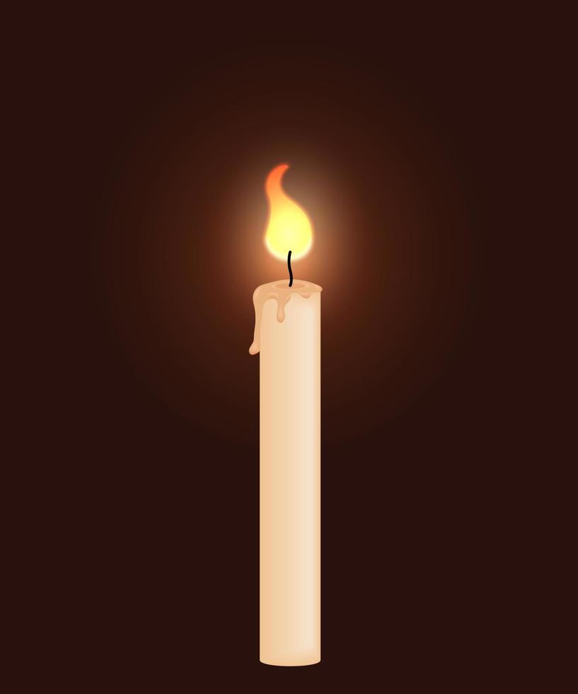 Realistic burning candle isolated on dark brown background. Realistic candle flame. Vector illustration.