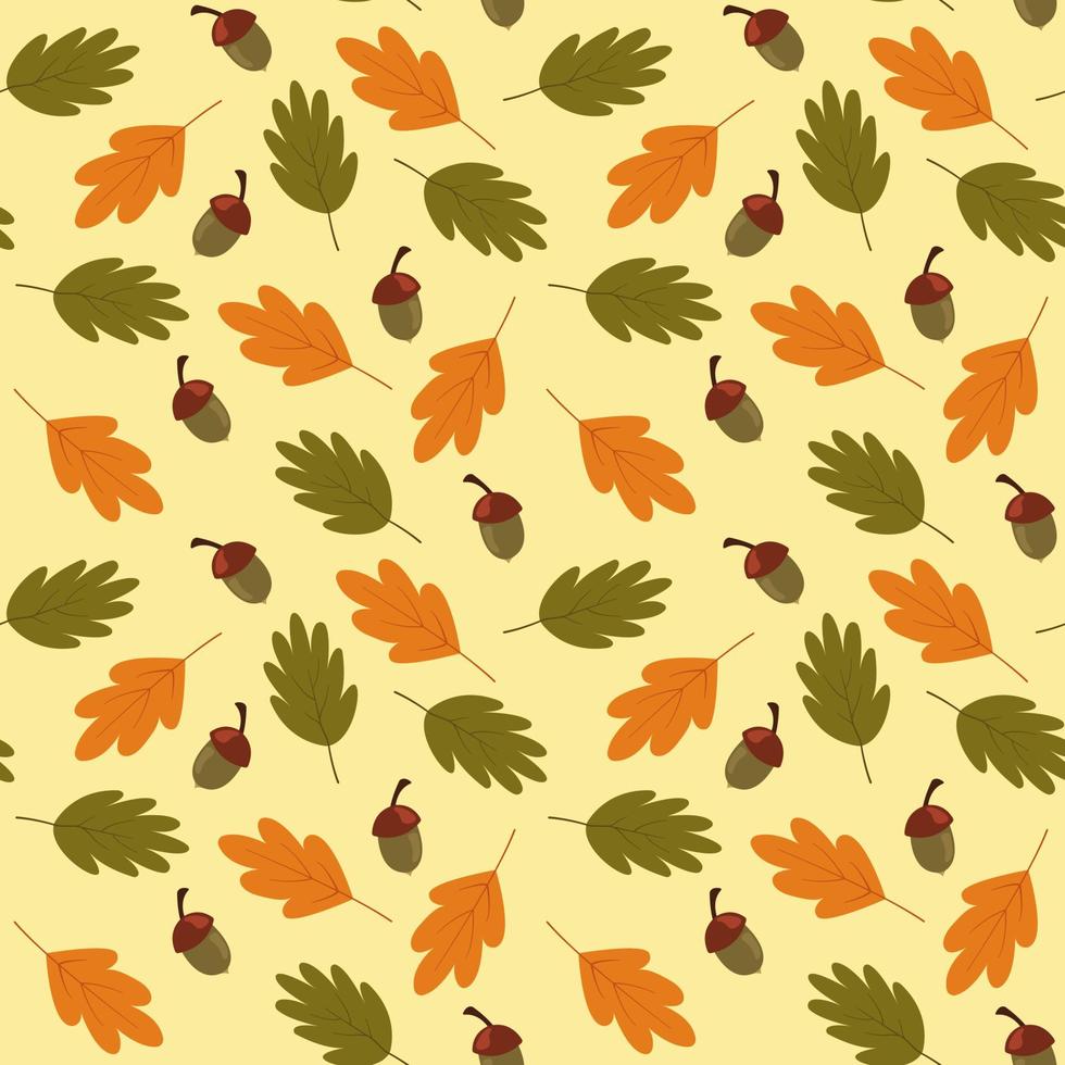 Seamless pattern with acorns and autumn oak leaves in Orange, Beige and Brown. Vector illustration. Wallpaper, gift paper, web page background, greeting card