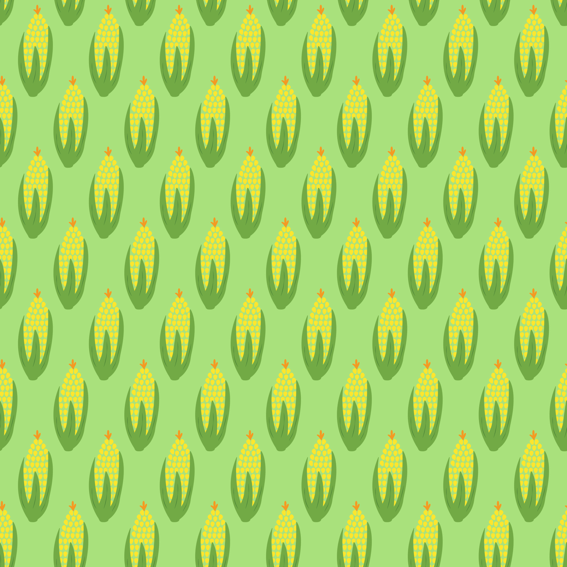Seamless pattern of ripe golden corn on the cob with green leaves on