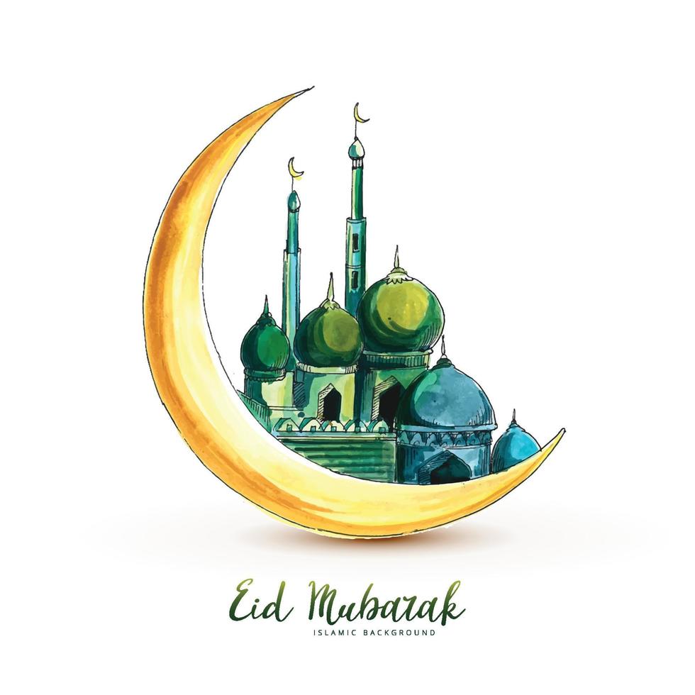 Eid mubarak background with moon and mosque card design vector