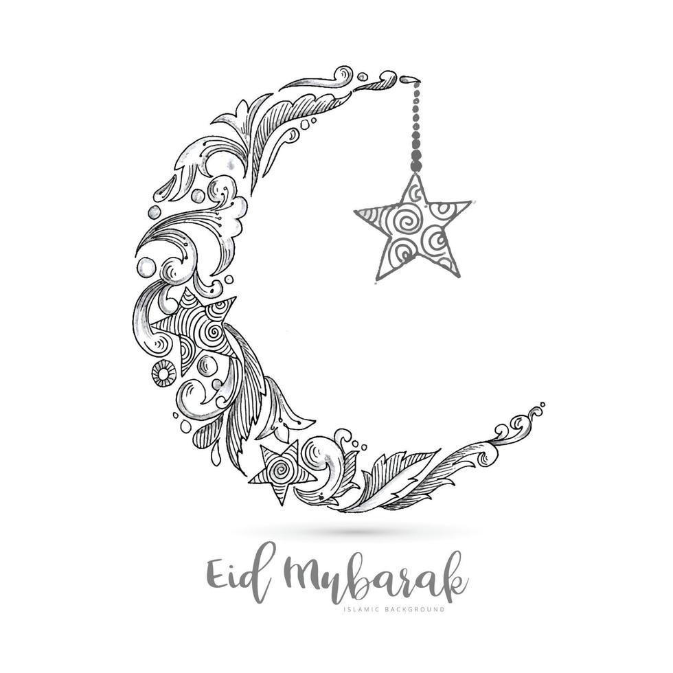Hand draw decorative eid mubarak with moon sketch card design vector