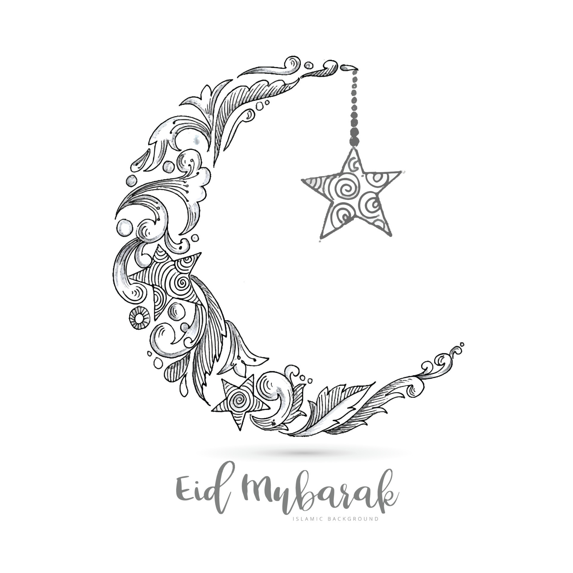 Hand draw decorative eid mubarak with moon sketch card design 7233573