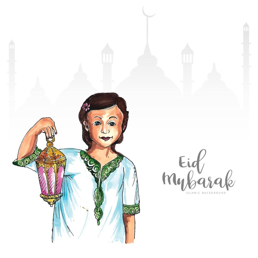 Eid mubarak greeting card with beautiful muslim woman holding arabic lantern design vector