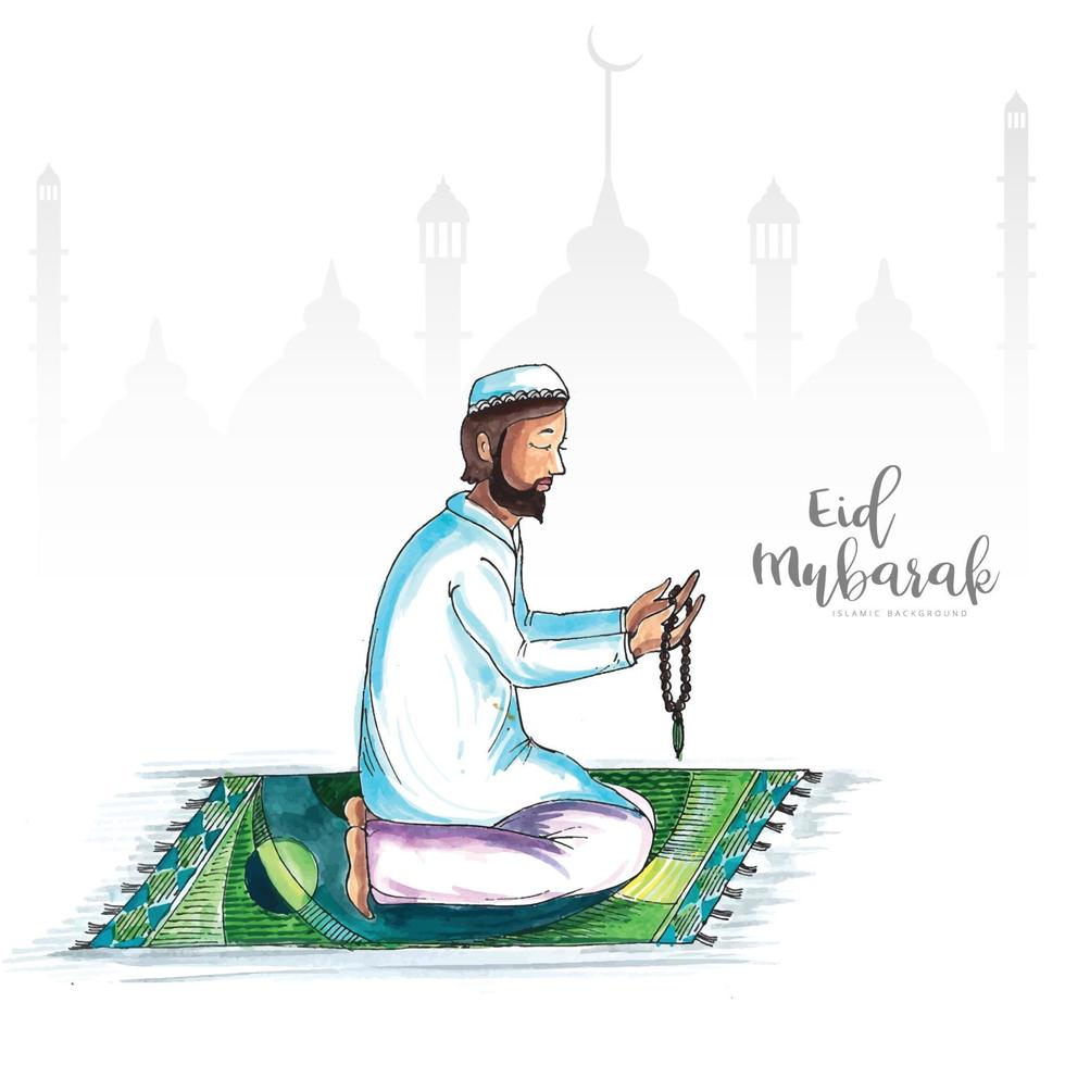 musulmán hombre leyendo corán islámico orando eid mubarak fondo vector