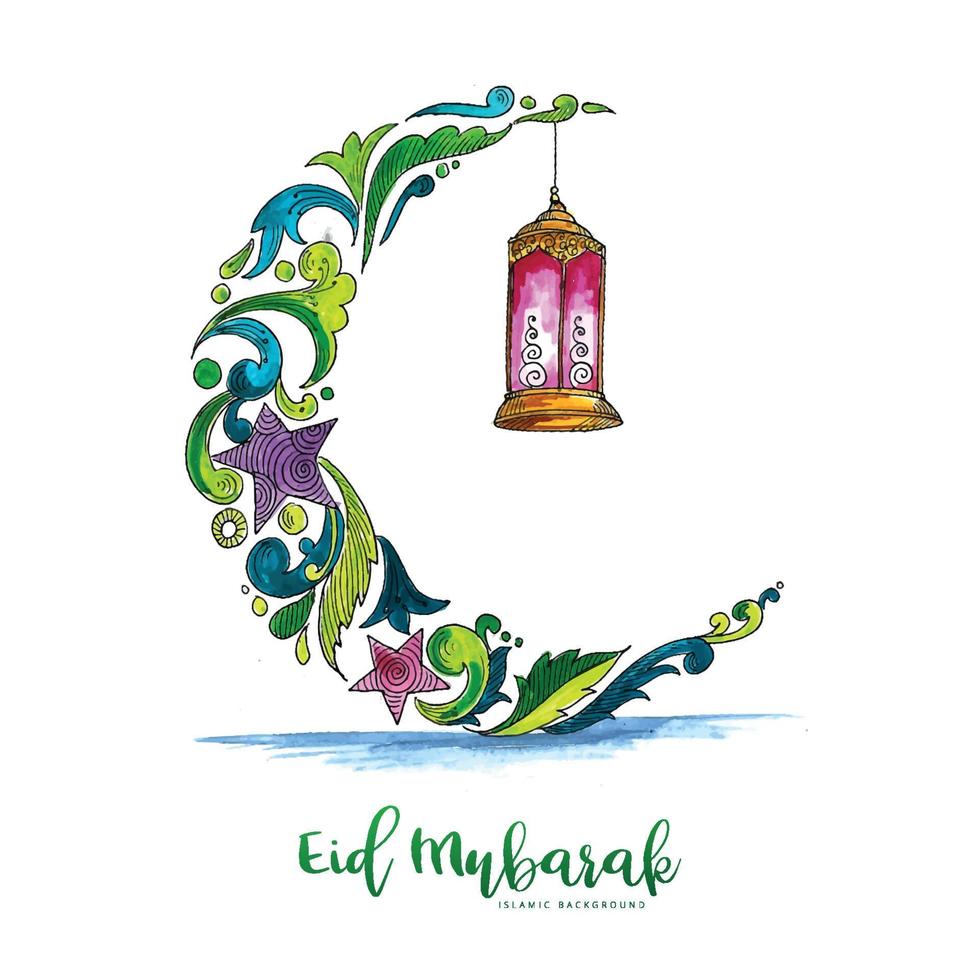 dibujar a mano eid mubarak decorativo con fondo de luna colorida vector